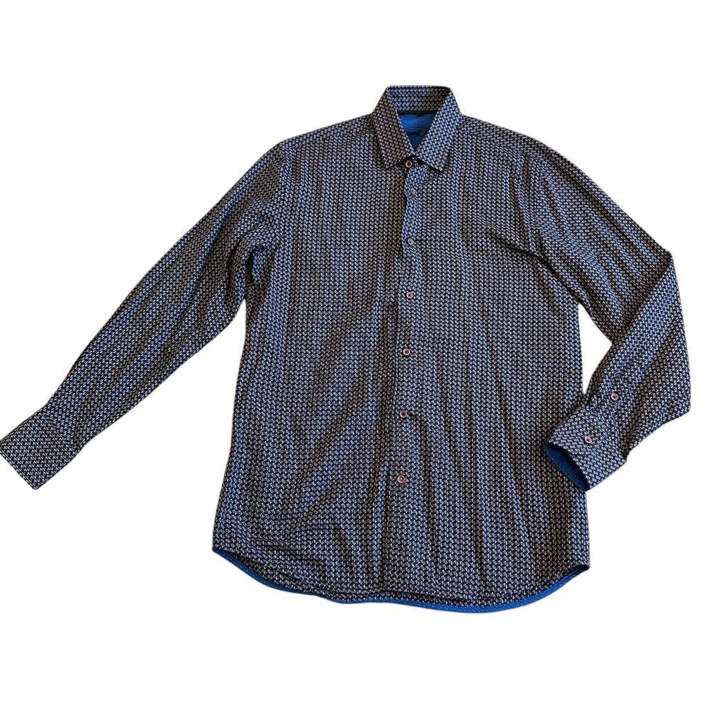 Visconti Black Long Sleeve Button-Down Shirt Black Colorful Print Size Medium